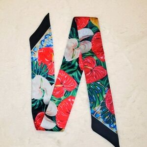 New Floral Print Satin Skinny Scarf Twilly